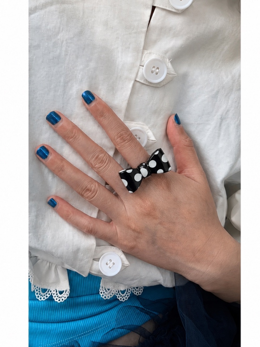 Polka Dot Bow Black White Resin Adjustable Ring
